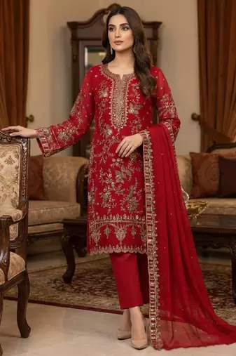 red silk embroidered sequin - salwar suit