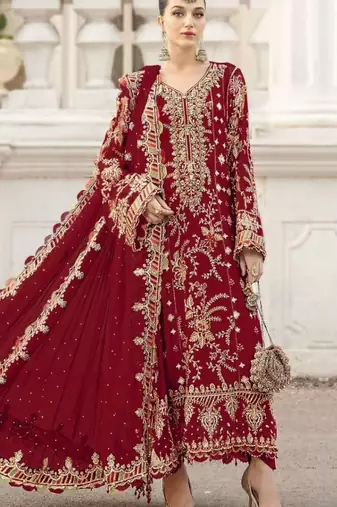 red silk embroidered sequin semi-stitched salwar suit