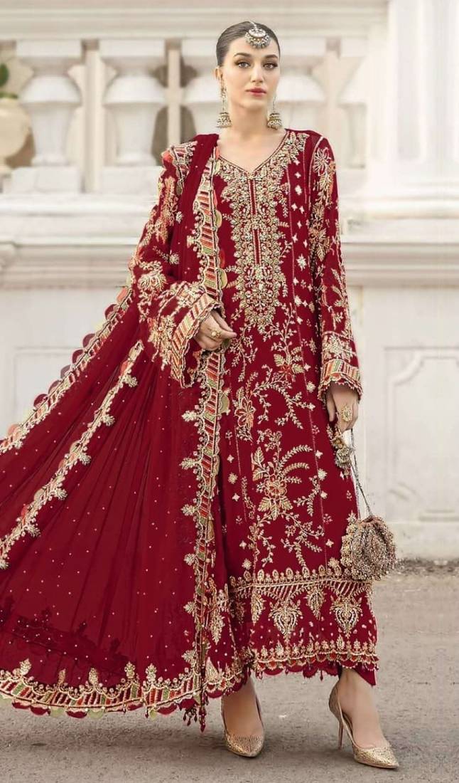 red silk suit with embroidery & sequin work