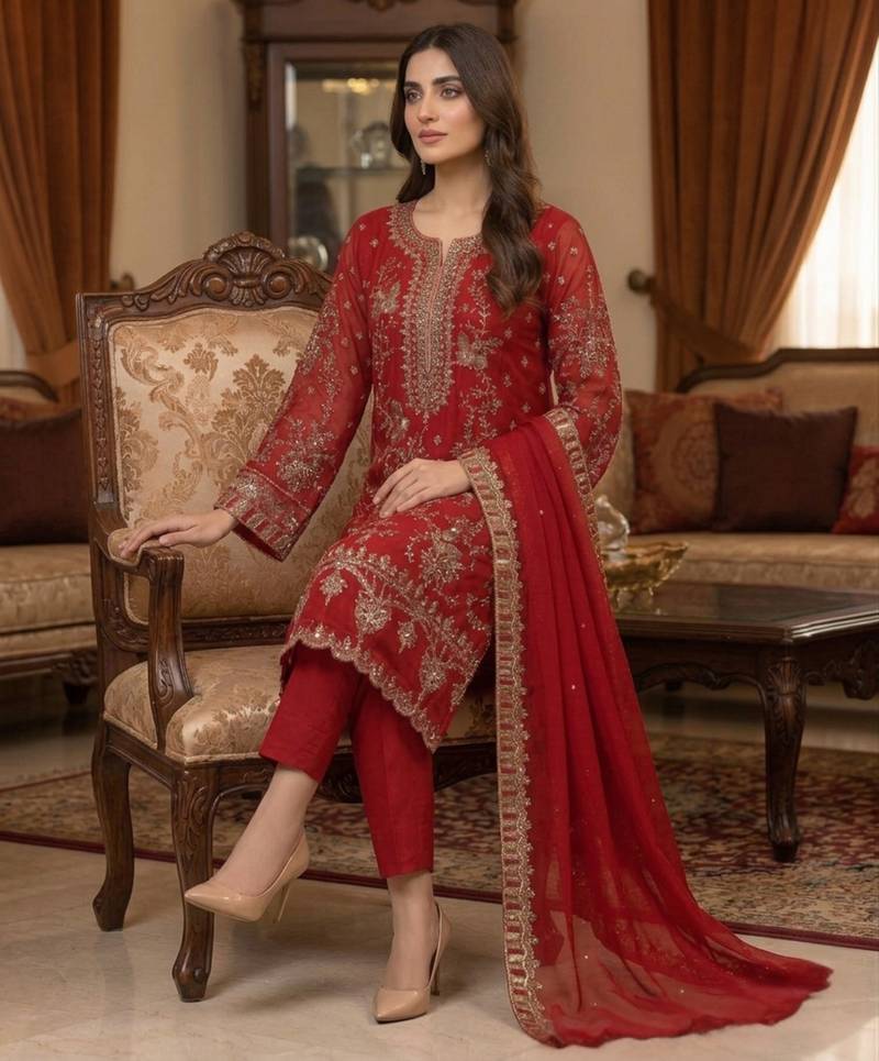 red silk embroidered sequin - salwar suit