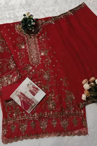 red silk embroidered sequin - salwar suit