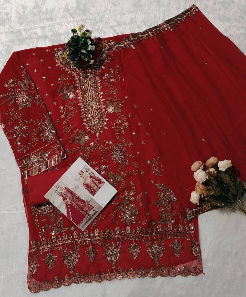 red silk embroidered sequin - salwar suit