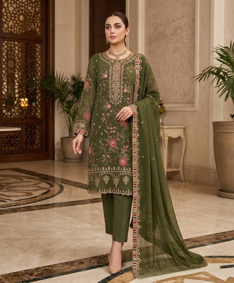 mehendi silk embroidered sequin - salwar suit