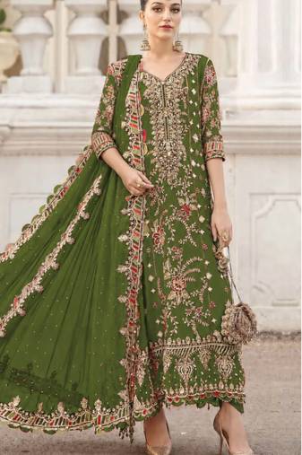 Mehendi Silk Semi Stitched Suit With Embroidery & Sequin Work