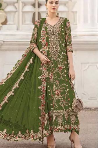 Mehendi Silk Semi Stitched Suit With Embroidery & Sequin Work