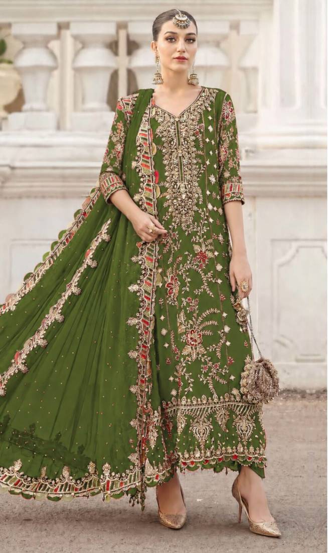 Mehendi Silk Semi Stitched Suit With Embroidery & Sequin Work