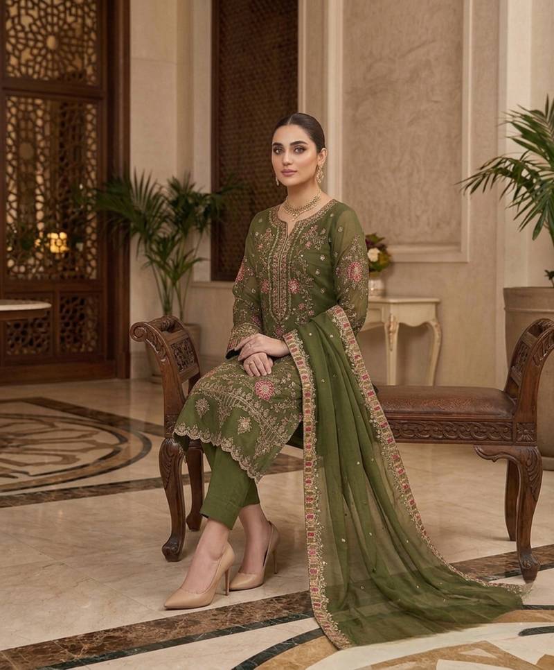 mehendi silk embroidered sequin - salwar suit