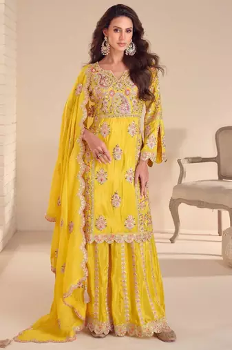 yellow shimmer hand embroidered palazzo suit