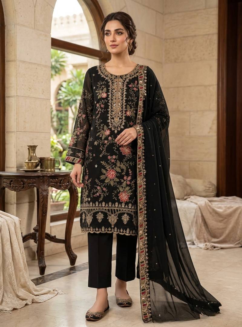 black silk embroidered sequin - salwar suit