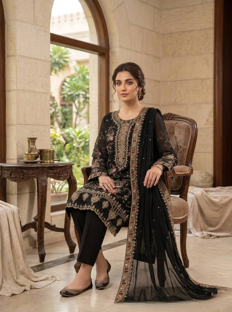 black silk embroidered sequin - salwar suit