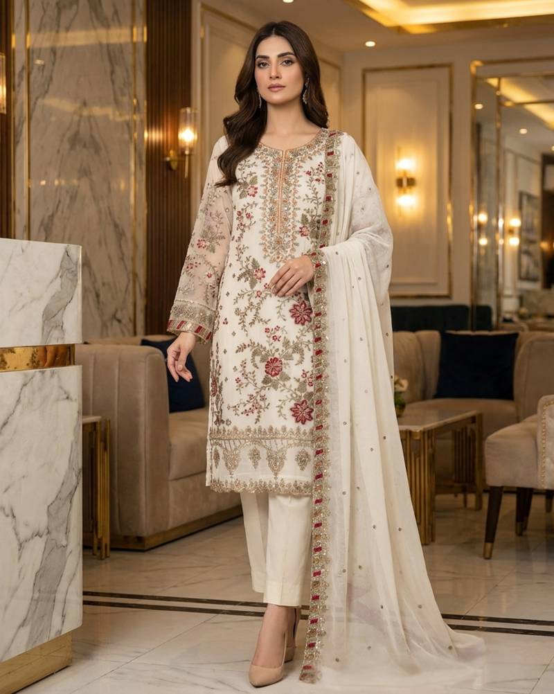 white silk embroidered sequin - salwar suit