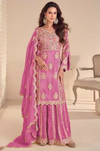 pink shimmer hand embroidered palazzo suit