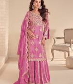 pink shimmer suit with hand & embroidery work - full stitched free size