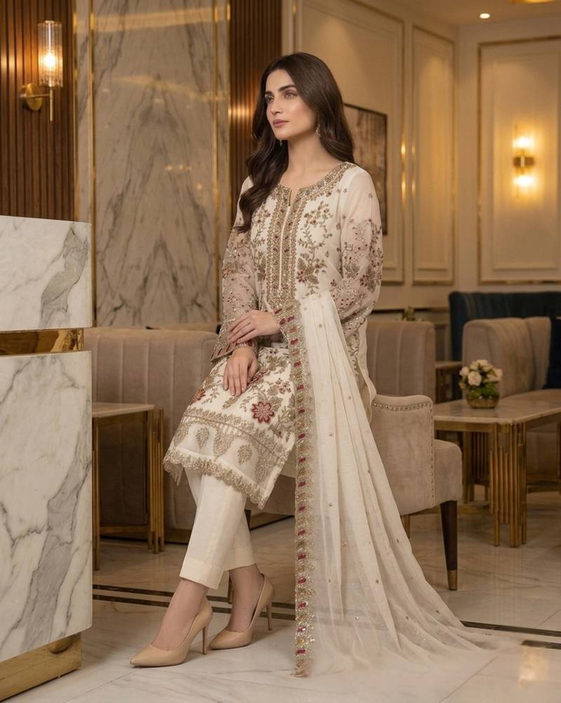 white silk embroidered sequin - salwar suit