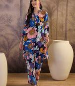 women's blue viscose rayon top with trouser co-ord set