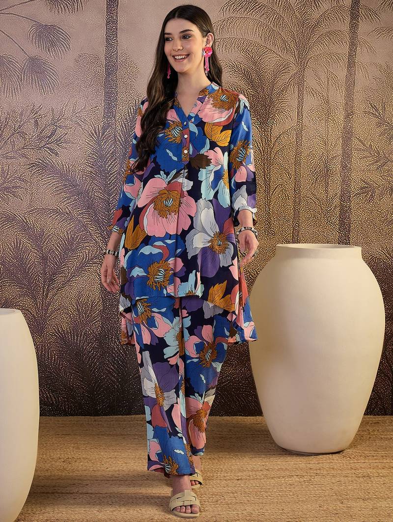 women's blue viscose rayon top with trouser co-ord set