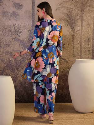 women's blue viscose rayon top with trouser co-ord set 3