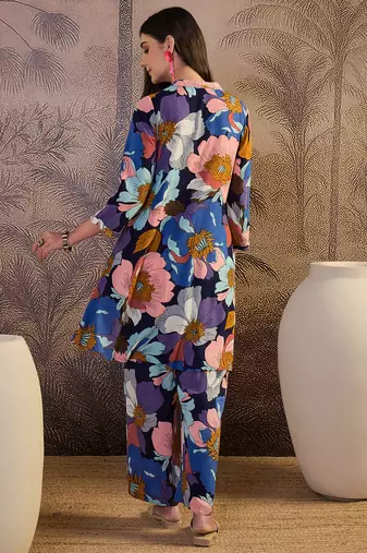 women's blue viscose rayon top with trouser co-ord set