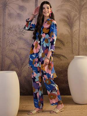 women's blue viscose rayon top with trouser co-ord set 4