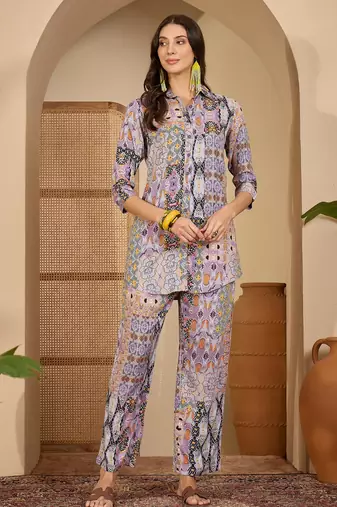 women's purple viscose rayon shirt with trouser co-ord set