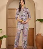 women's purple viscose rayon shirt with trouser co-ord set