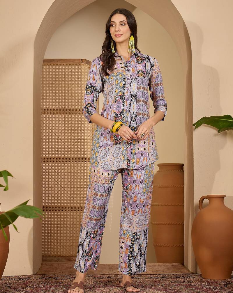 women's purple viscose rayon shirt with trouser co-ord set