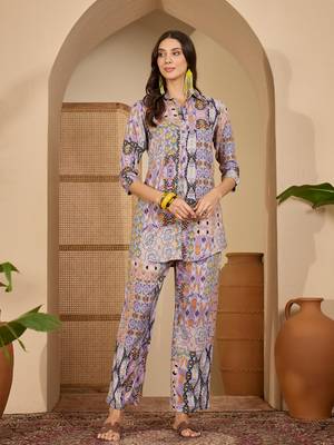 women's purple viscose rayon shirt with trouser co-ord set 2