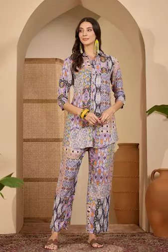 women's purple viscose rayon shirt with trouser co-ord set