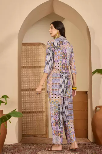 women's purple viscose rayon shirt with trouser co-ord set