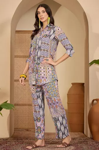 women's purple viscose rayon shirt with trouser co-ord set