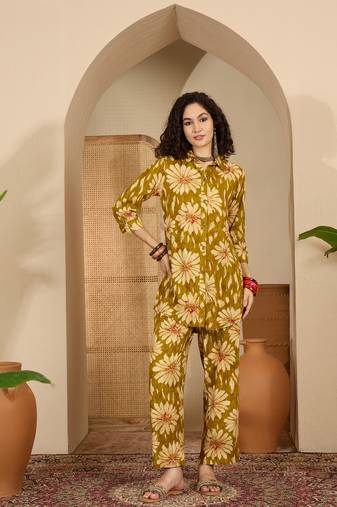 women's blue viscose rayon top with trouser co-ord set