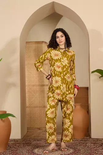 women's blue viscose rayon top with trouser co-ord set