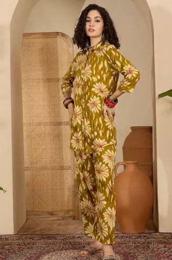 women's blue viscose rayon top with trouser co-ord set