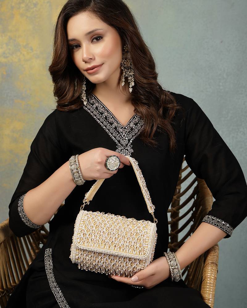 Anekaant crystal cascade champagne velvet diamond mesh design embellished clutch