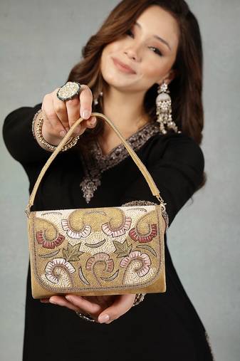 Anekaant beaded botanica gold suede swirl embellished clutch
