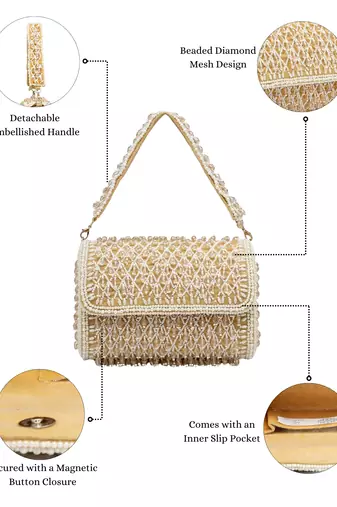 Anekaant crystal cascade champagne velvet diamond mesh design embellished clutch