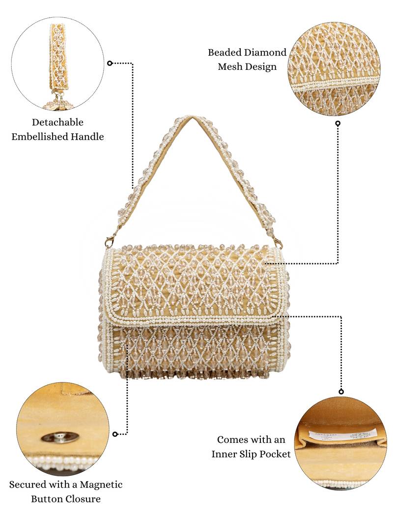 Anekaant crystal cascade champagne velvet diamond mesh design embellished clutch