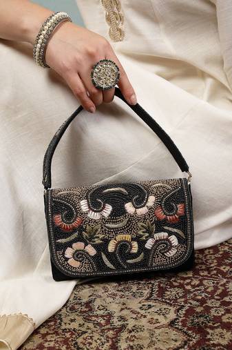 Anekaant beaded botanica black suede swirl embellished clutch