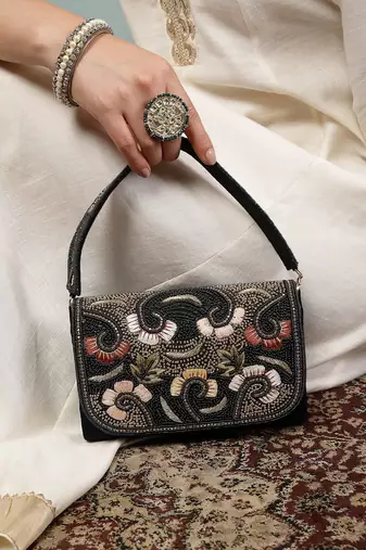 Anekaant beaded botanica black suede swirl embellished clutch