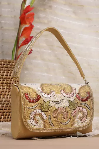 Anekaant beaded botanica gold suede swirl embellished clutch