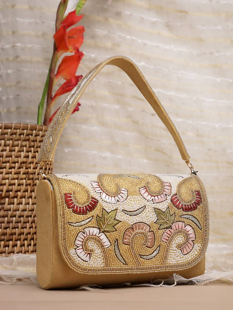 Anekaant beaded botanica gold suede swirl embellished clutch