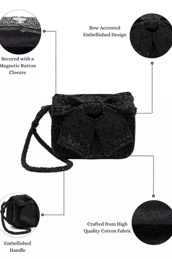 Anekaant beaded muse black cotton statement bow embellished clutch