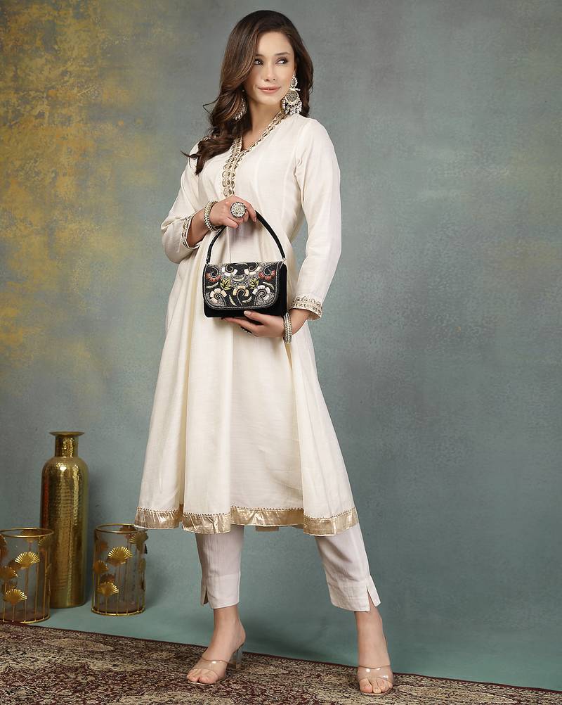 Anekaant beaded botanica black suede swirl embellished clutch