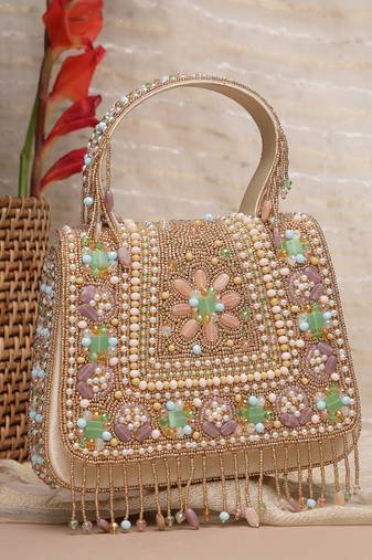 Anekaant blush & bead gold satin concentric beadwork embellished clutch