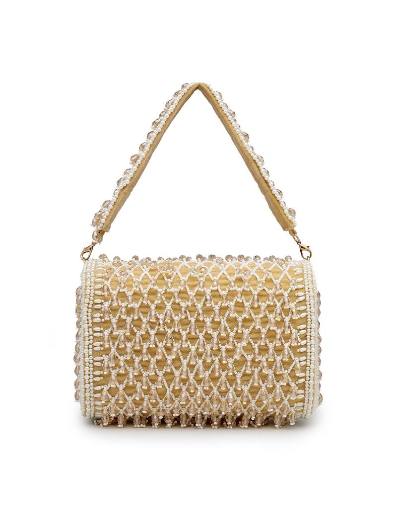 Anekaant crystal cascade champagne velvet diamond mesh design embellished clutch