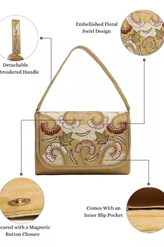 Anekaant beaded botanica gold suede swirl embellished clutch