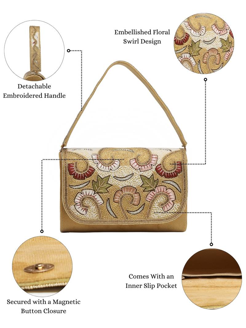 Anekaant beaded botanica gold suede swirl embellished clutch