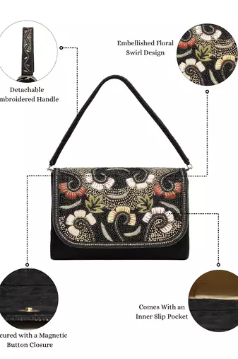 Anekaant beaded botanica black suede swirl embellished clutch