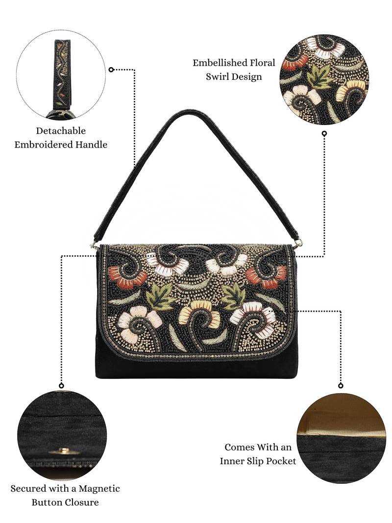Anekaant beaded botanica black suede swirl embellished clutch