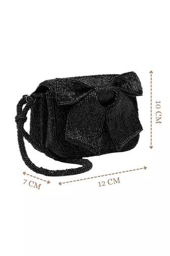 Anekaant beaded muse black cotton statement bow embellished clutch
